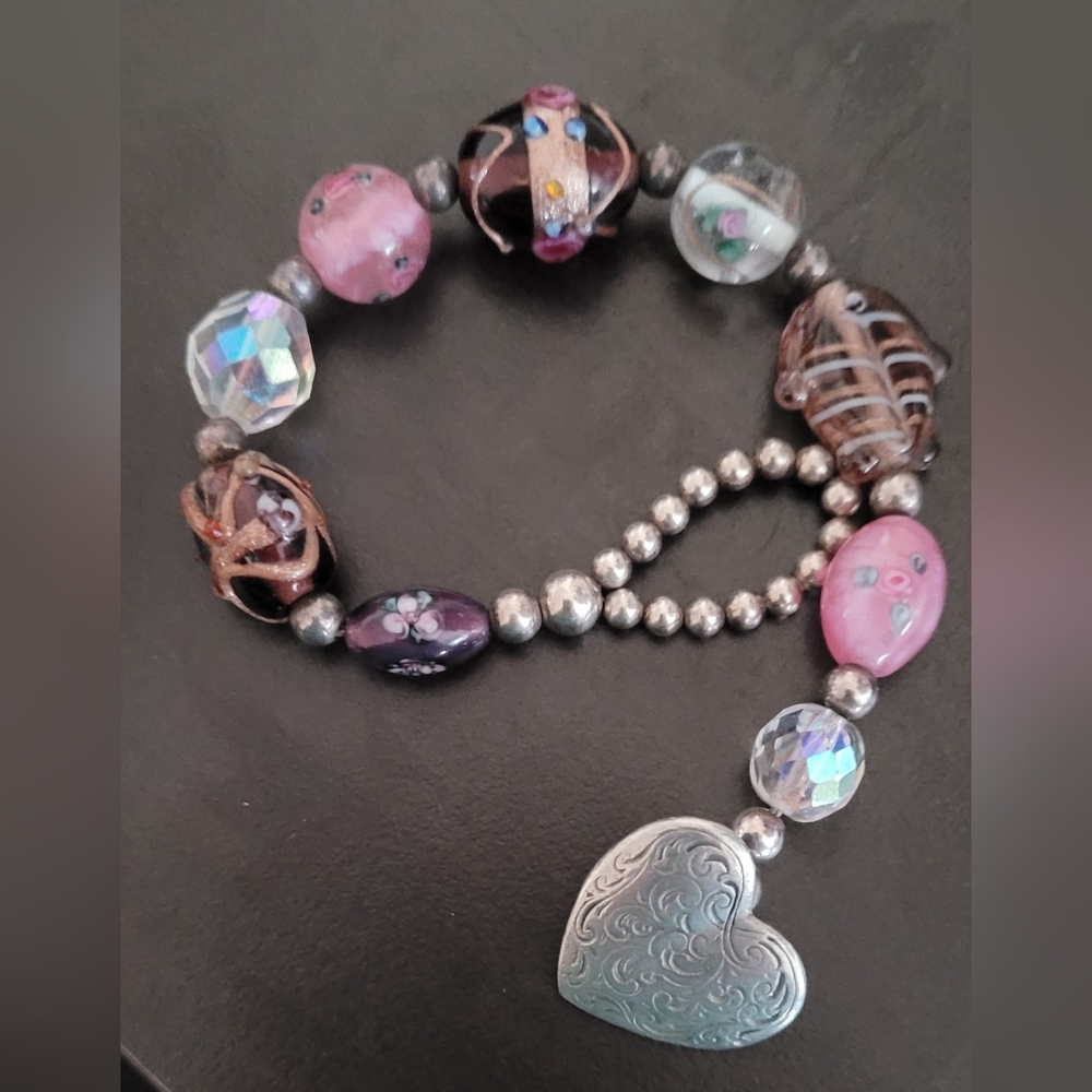 Vintage signed Danforth pewter and colorful glass bead bracelet